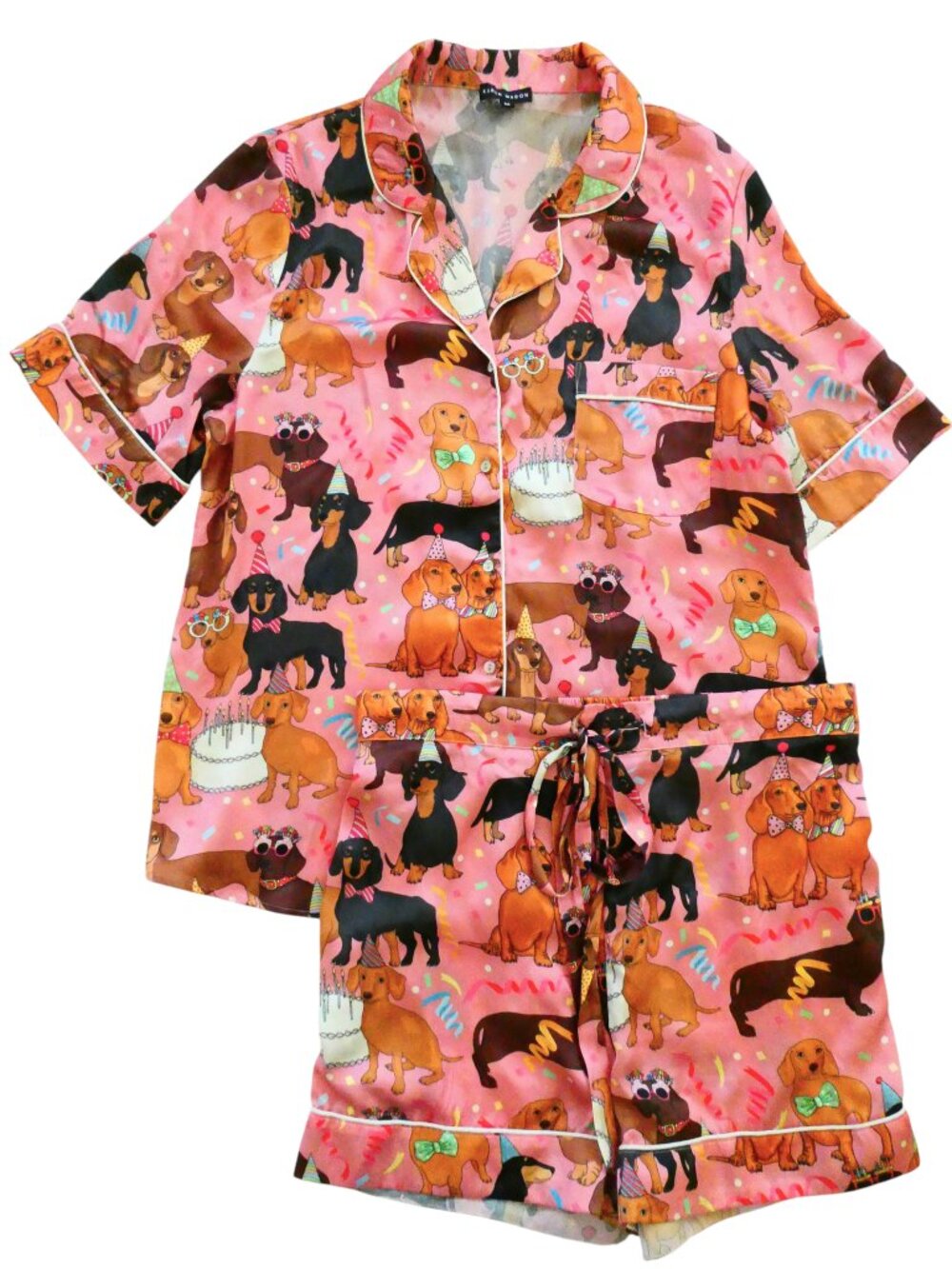 KAREN MALBON dachshund print pajama pjs shorts sz M Hot Dog Birthday party
